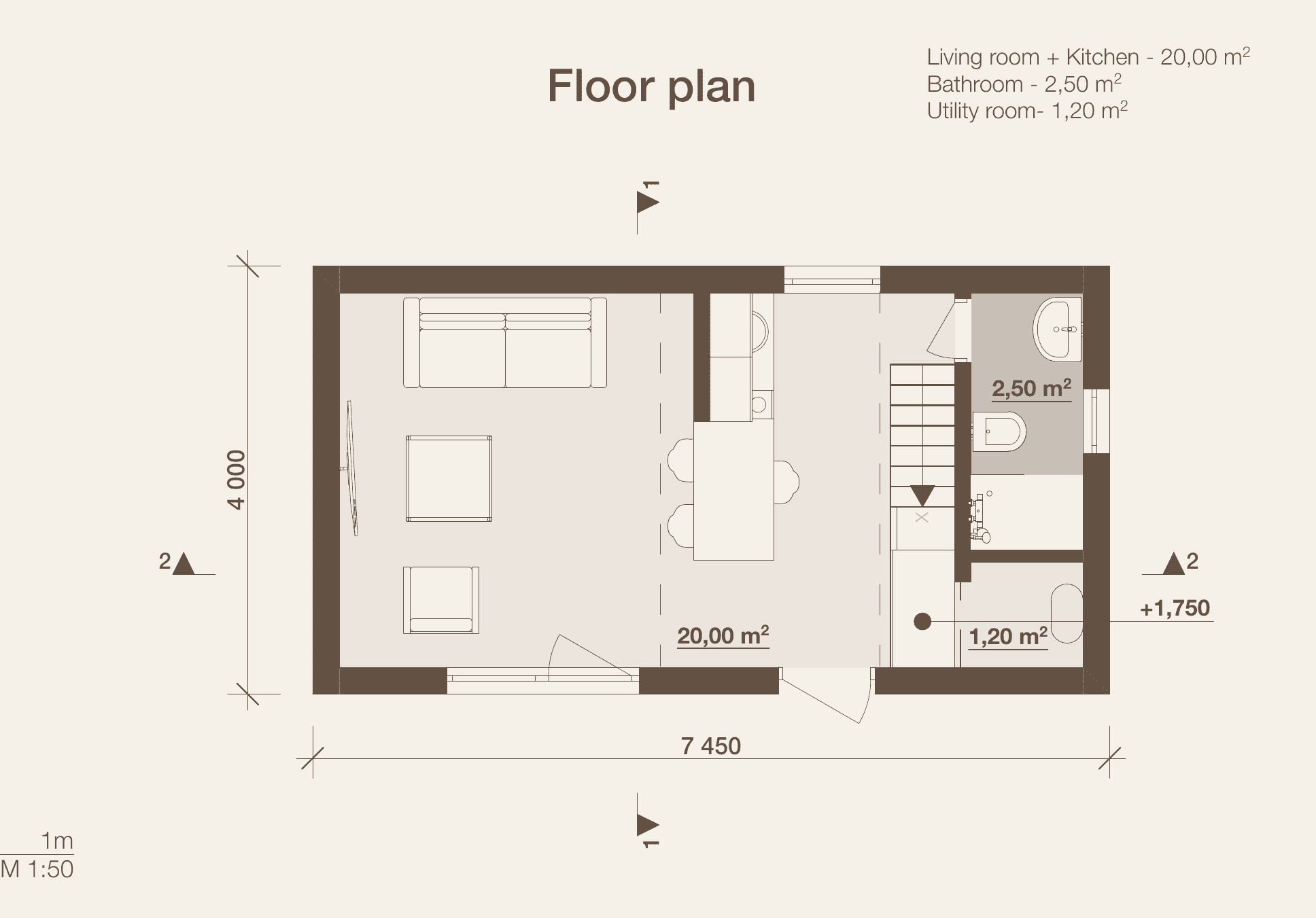Saga 30 – pohjakerroksen pohjapiirustus 4,0 × 7,45 m, olohuone ja keittiö 20 m², kylpyhuone 2,5 m², varasto 1,2 m²