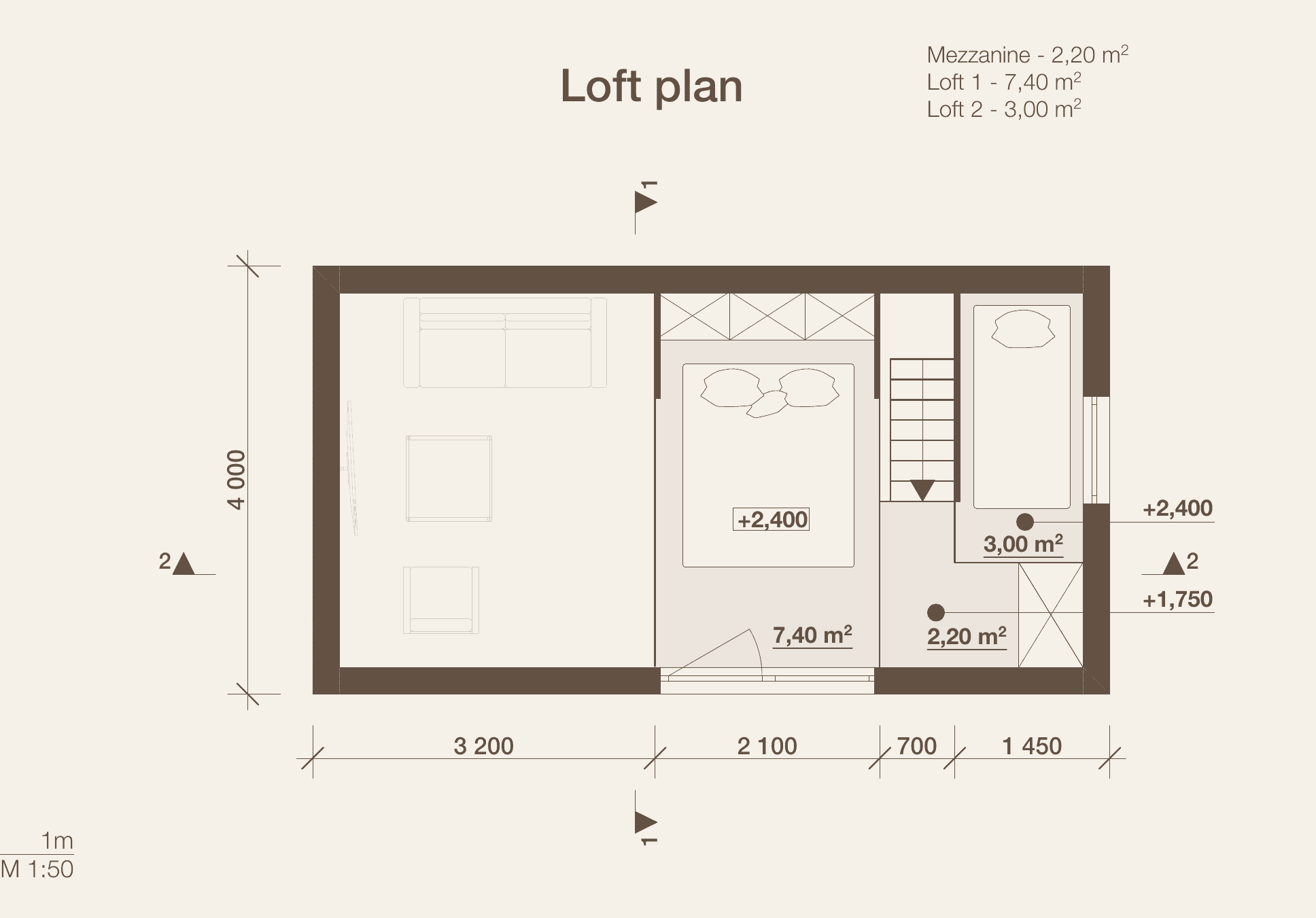 Saga 30 – parvipiirustus, mezzaniini ja kaksi parvitasoa, 4,0 × 7,45 m