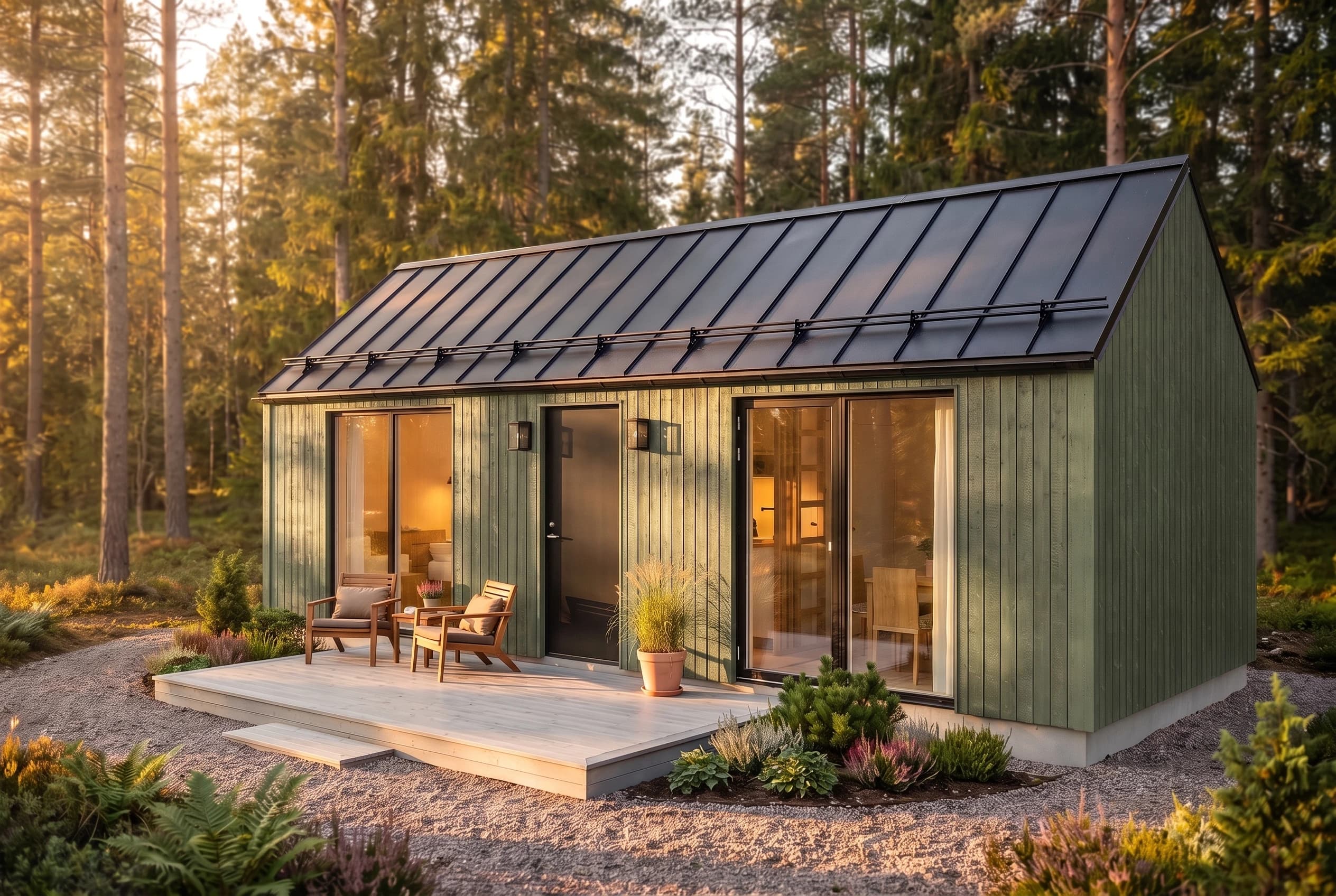Loke — tiny house i hampa och naturlig lera, V-tak, vitriolgrön fasad, gyllene skog