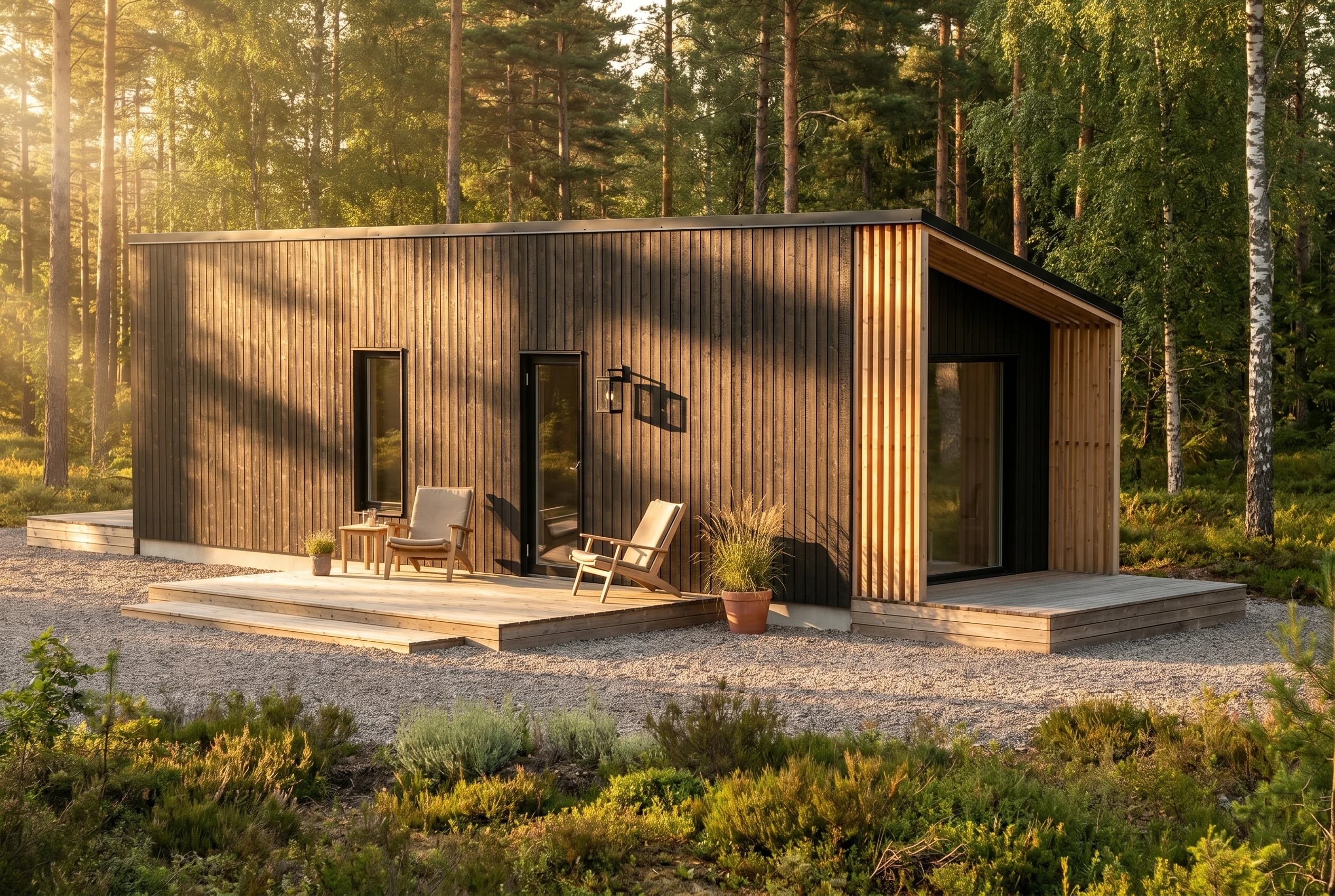 Freja — 3×10m, tummaksi poltettu mänty julkisivu, kultainen niitty